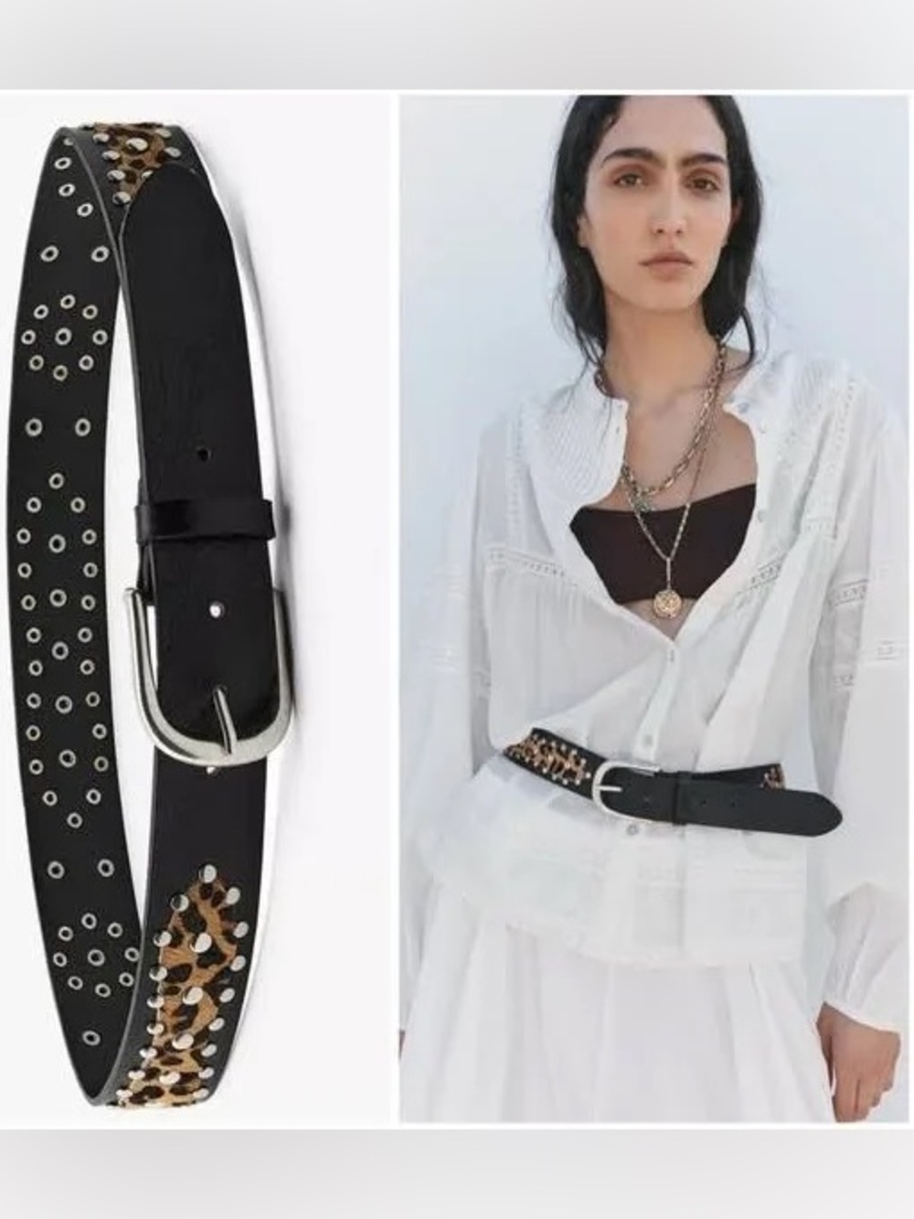 Zara Black Studded Leather Waist Belt with Leopard Accent 💯 leather size 80 s/m